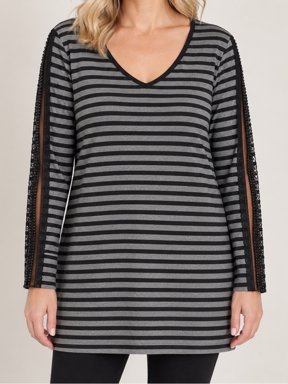 Yest Striped Black Gray Tunic Top Lace Beaded Sleeve Stretch V Neck US 8